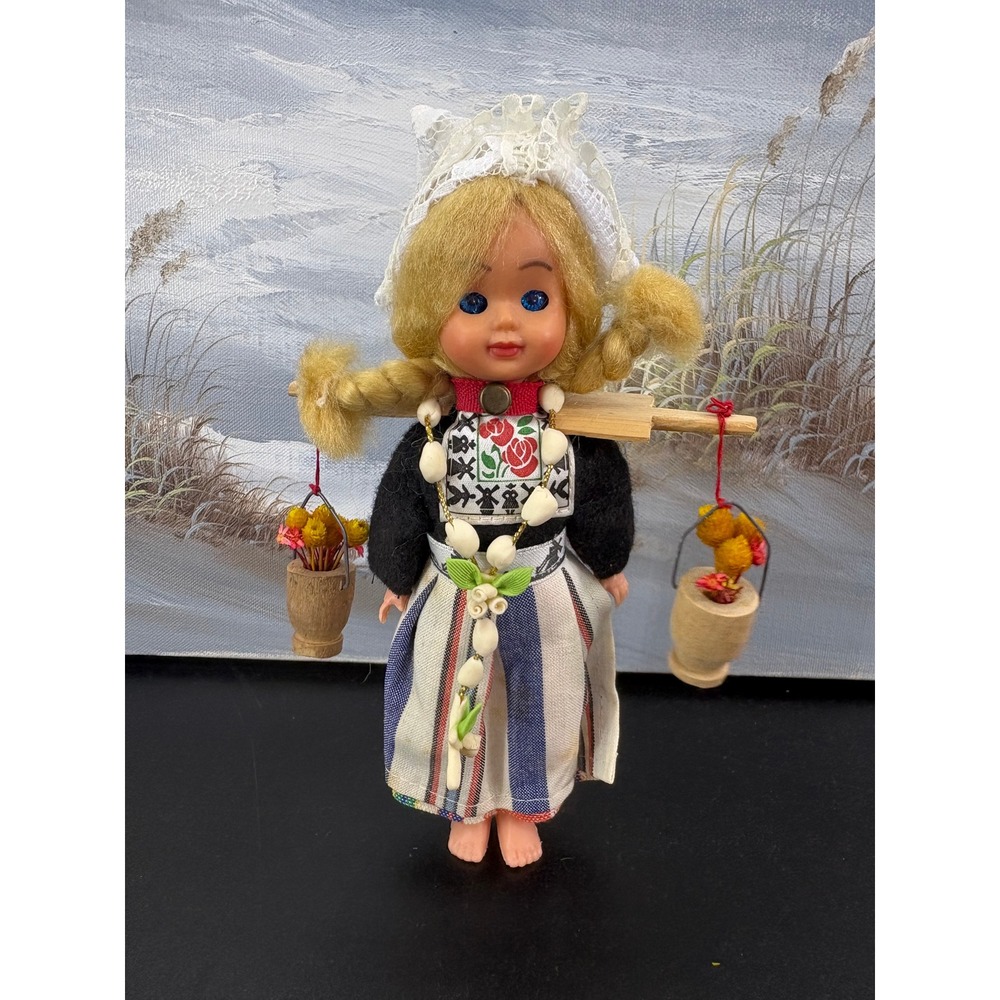 Vintage Dutch Souvenir Doll Traditional Netherlands Folk Dress Yoke Buckets 7in